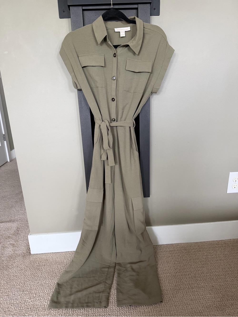 Monteau Los Angeles Olive Green Cargo Utility Jumpsuit Small Wide Leg Belted